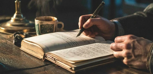 Fasihullah Khan writing poetry in a journal - Founder of Nazranaa crafting a custom song.