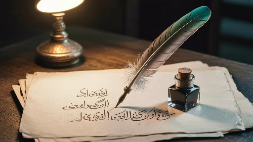 Antique quill pen and Urdu poetry calligraphy - Nazranaa Gold Edition custom Ghazal writing service.