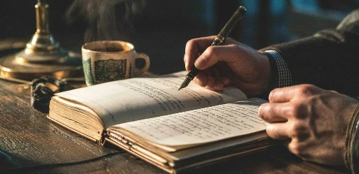 Hand writing lyrics in a leather journal - Poet crafting custom stories and memories into songs.